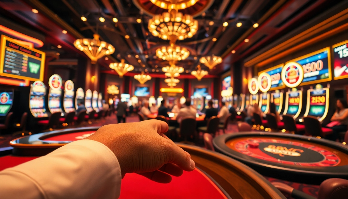Experience the thrilling atmosphere of 68VIP's luxury casino with vibrant poker action, chips, and slot machines.