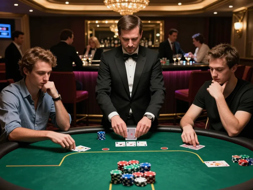MM88 poker players engaging intensely at the table with colorful chips and dealer action.