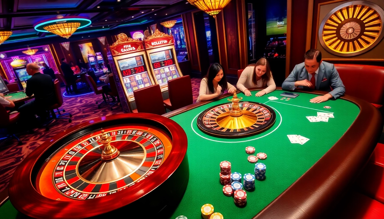 RR88 players engaging in thrilling casino games at a luxurious venue.