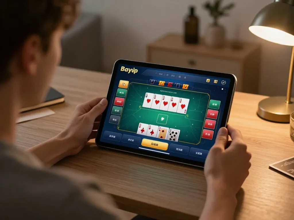 Players enjoying Bayvip online poker on a tablet in a warm home environment.