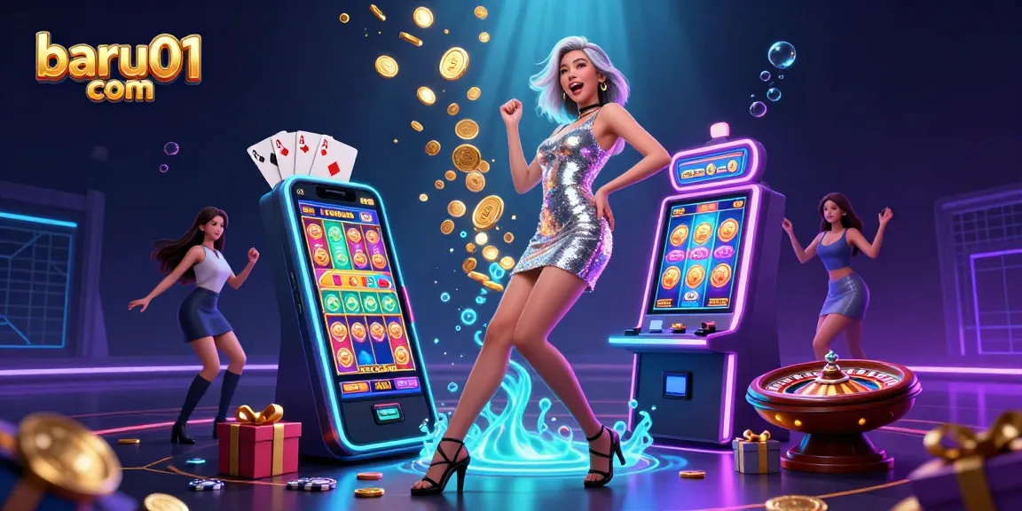 Berinteraksi dengan permainan menarik di baru01 com yang menampilkan mesin slot yang menawan di tengah suasana kasino yang meriah.