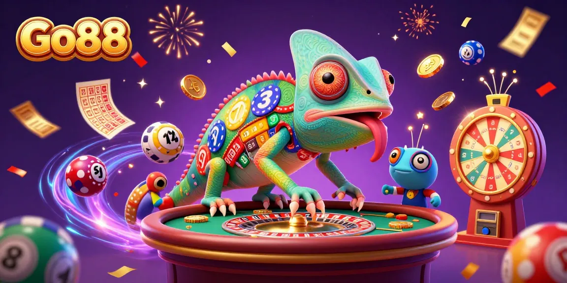Engage with Go88's vibrant casino experience featuring colorful lottery elements and a chameleon mascot.