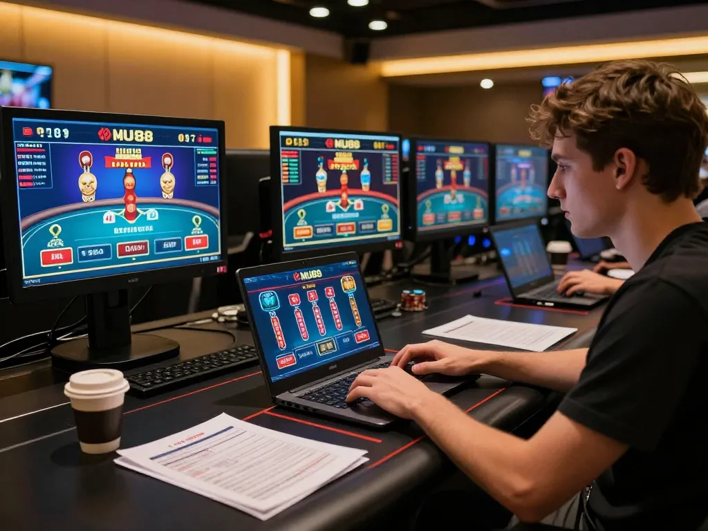 Engaged player strategizing on MU88 online platform with vibrant casino games displayed.