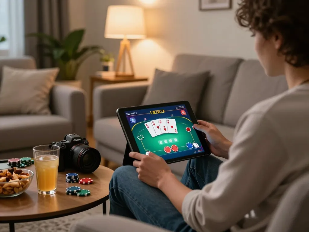KUBET player enjoying an exciting online poker game on a tablet in a cozy home setting, surrounded by snacks and warm lighting.