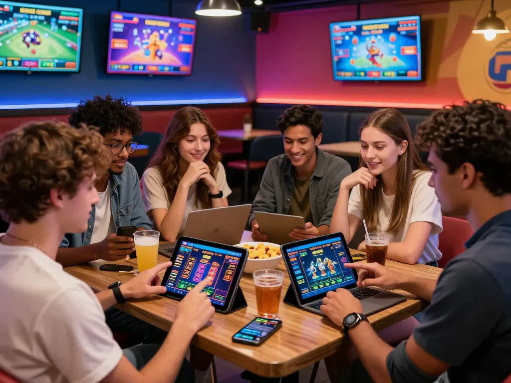Friends enjoying interactive gaming experience at nhà cái xibet online casino with tablets and snacks.