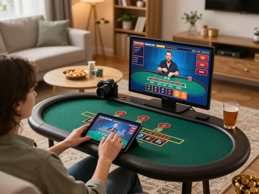 Engaging in live blackjack at home using LuckyWin app on a tablet in a cozy setting
