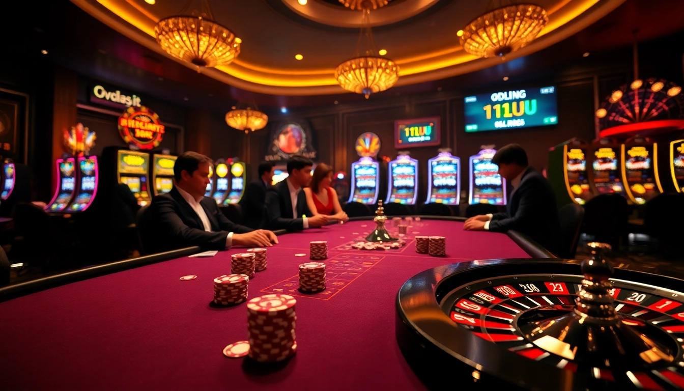 Engage in high-stakes action at 11uu casino, featuring poker chips and illuminated slot machines.