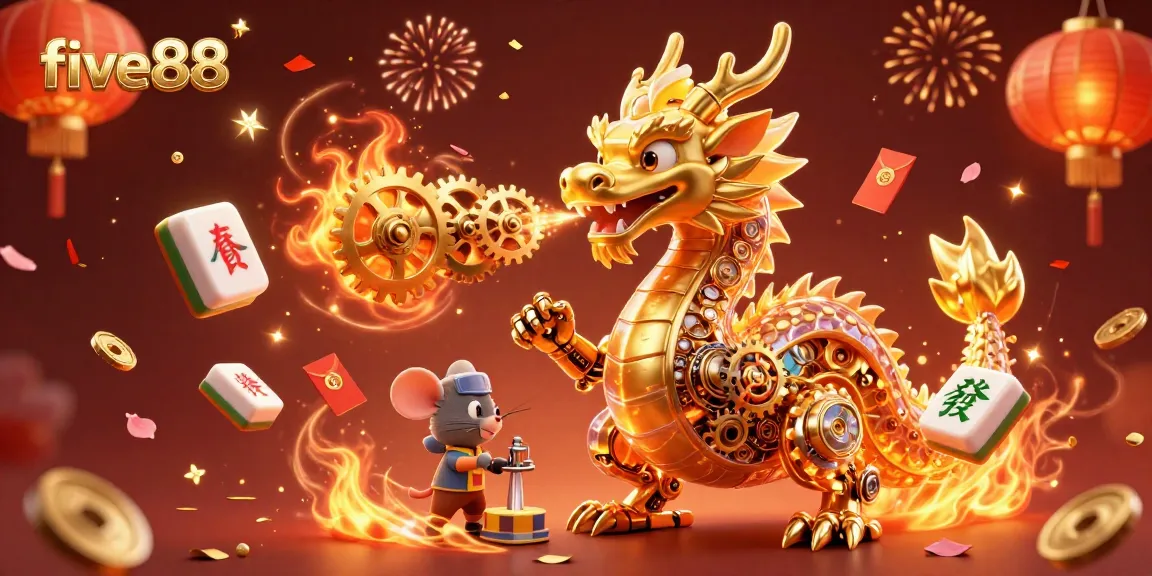 Experience the thrilling energy of five88 casino with a golden dragon and festive gambling elements.