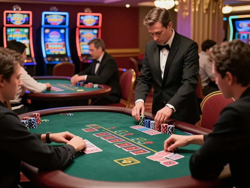 Experienced players enjoying blackjack at the sc88 casino tables, dynamic gameplay with dealers managing bets