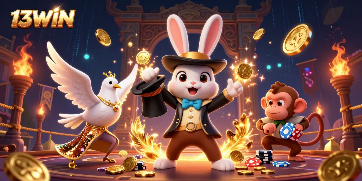 Experience the excitement of 13WIN with a magical scene of a magician rabbit and casino elements.