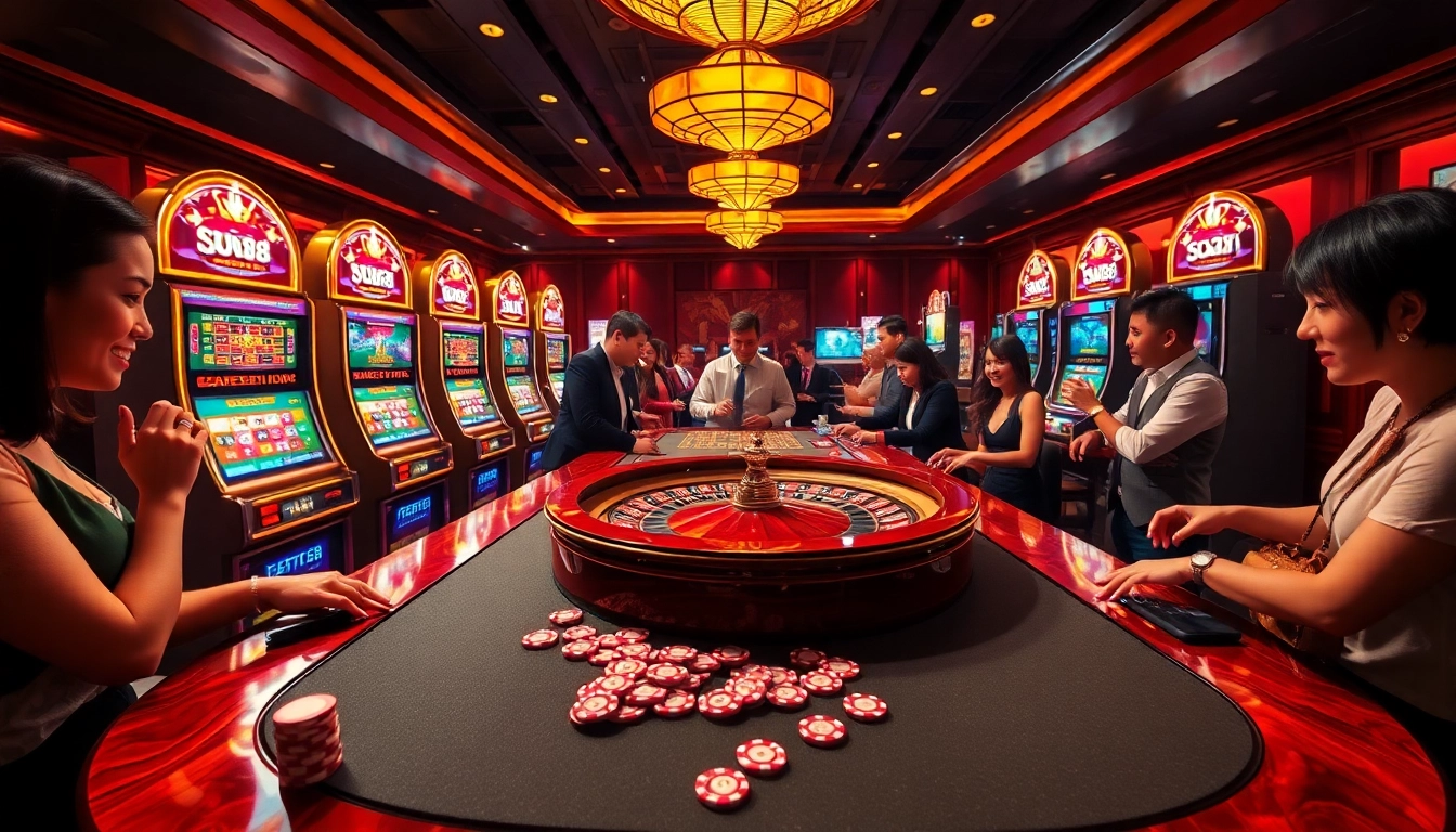 Gambling enthusiasts enjoying a thrilling experience at Sun88 casino with vibrant slot machines and a lively atmosphere.
