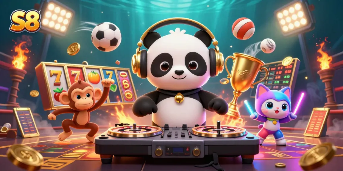 Spin the reels and win big with S8's vibrant casino atmosphere featuring exciting characters.