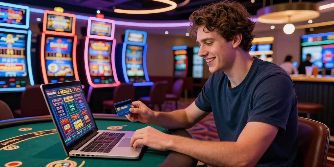 Engaged player using credit card casinos on a laptop in a vibrant modern casino atmosphere.