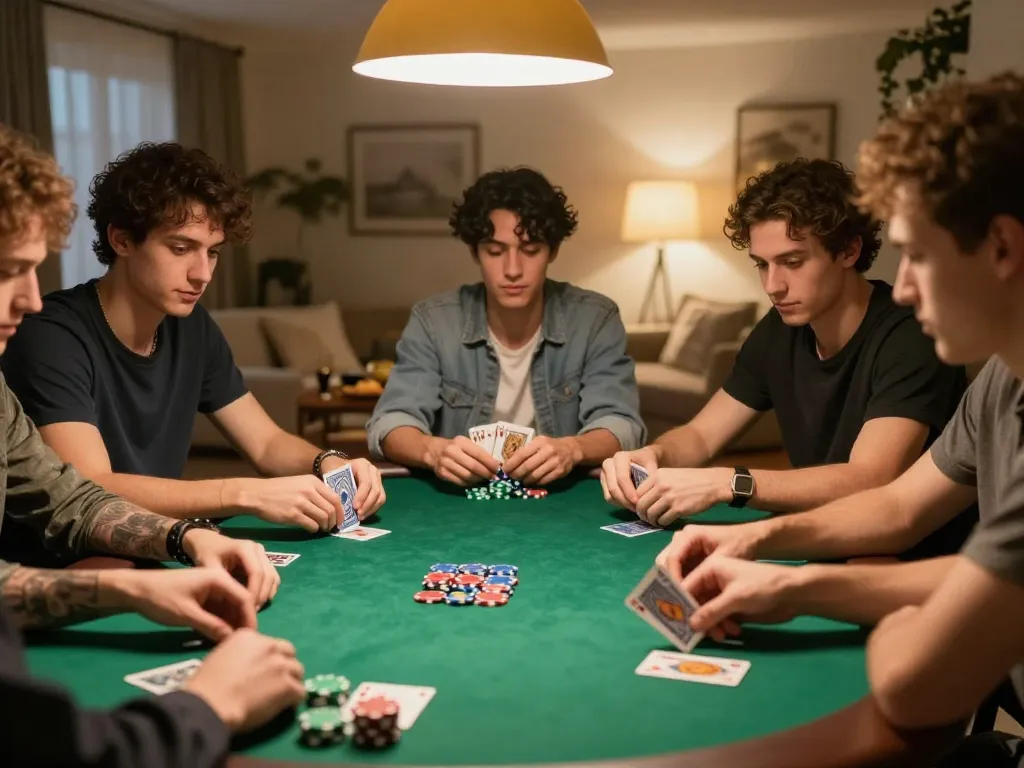 Friends engaging in a poker game at home, showcasing the strategic fun of bl555.