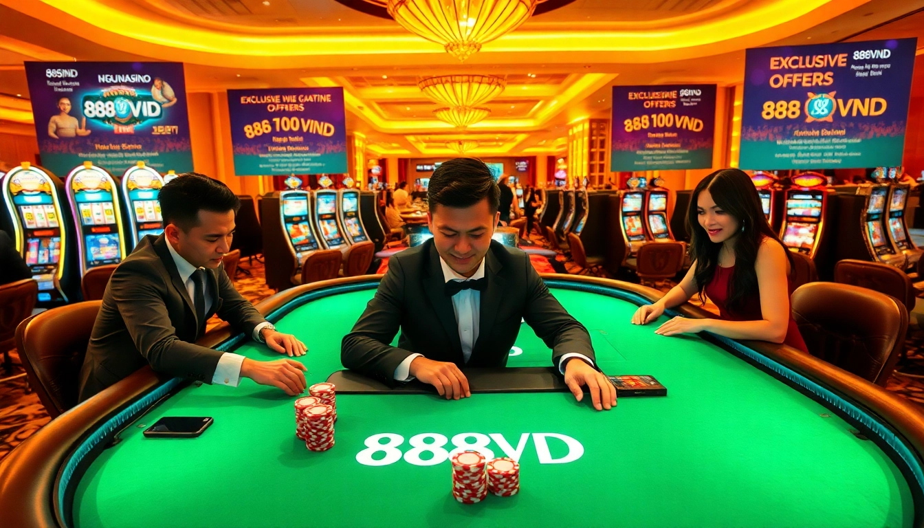 Experience the thrill of 888VND at a luxurious casino with engaging players and vibrant slot machines.