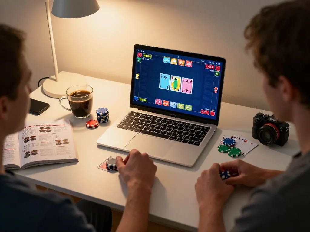 Player engaging in online gambling at home, showcasing mb66-t poker strategy and vibrant gameplay atmosphere