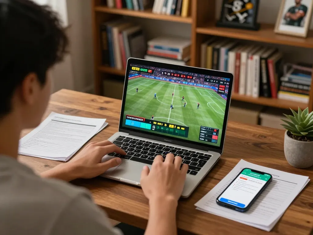 Engaging in live betting with keonhacai on a laptop in a cozy home gaming setup.