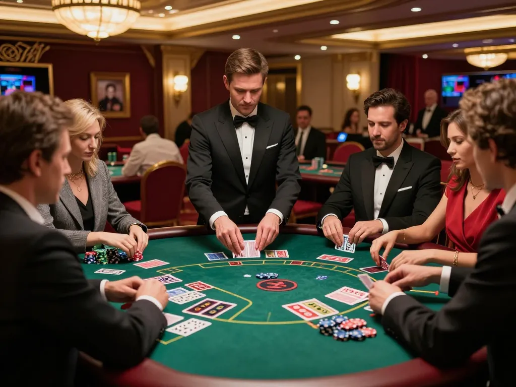 Engaged players strategizing at a blackjack table in the elegant casino atmosphere of https://www.mnm88.com/.