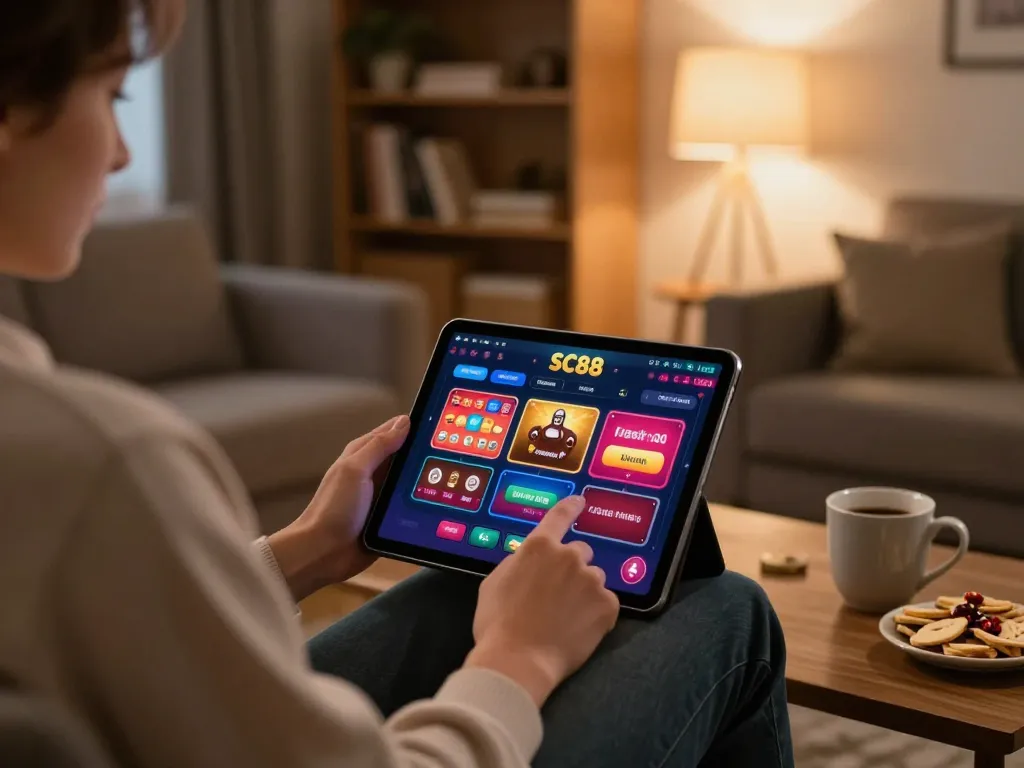Engaging in online gaming at SC88 Casino on tablet in a cozy home setting.