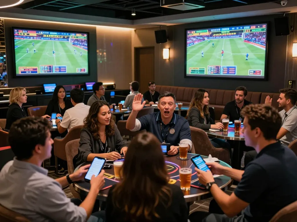 Tg88 sports betting patrons cheering and making bets in an upscale lounge setting.