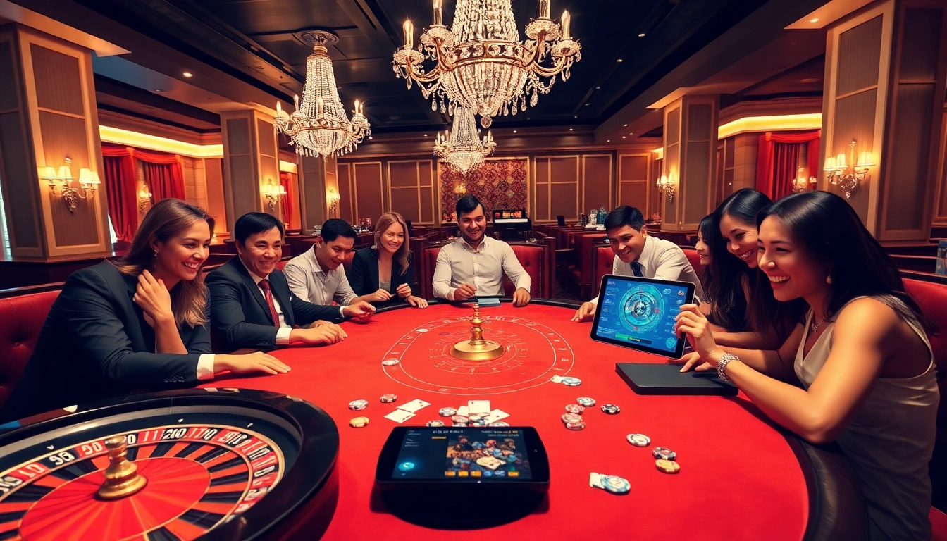 Engage in Đăng Nhập Nhà Cái 68VIP at a luxurious casino with poker tables and vibrant gaming elements.