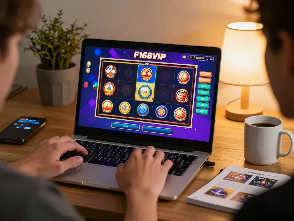 Player immersed in F168VIP gambling experience using laptop with vibrant slot games