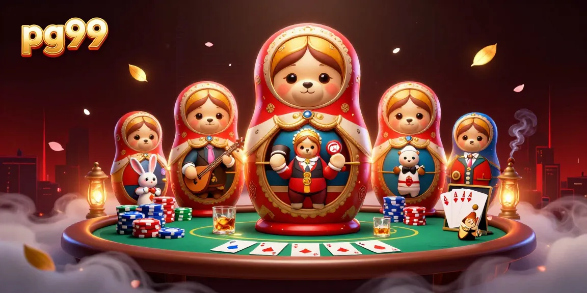 Experience pg99's vibrant casino world with Matryoshka bears and a balalaika rabbit.