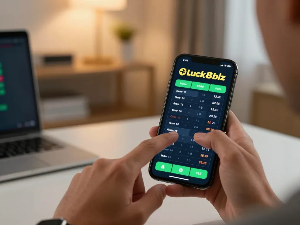 Engaged mobile gamer using luck8biz app for live betting in a stylish home office.