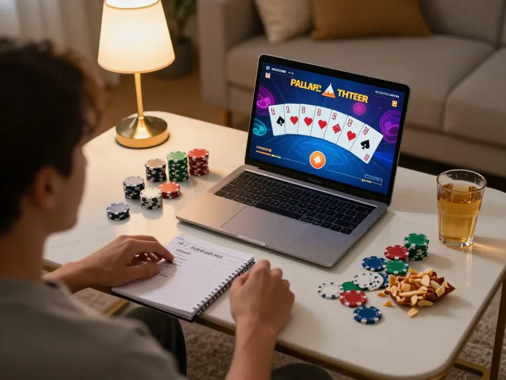 Engaged player enjoying an online poker game on 188bet, showcasing vibrant graphics and strategy notes