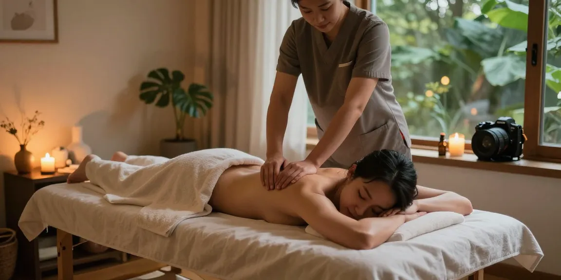 Therapist providing 사당출장마사지 in serene home setting, warm ambiance with candles and essential oils.
