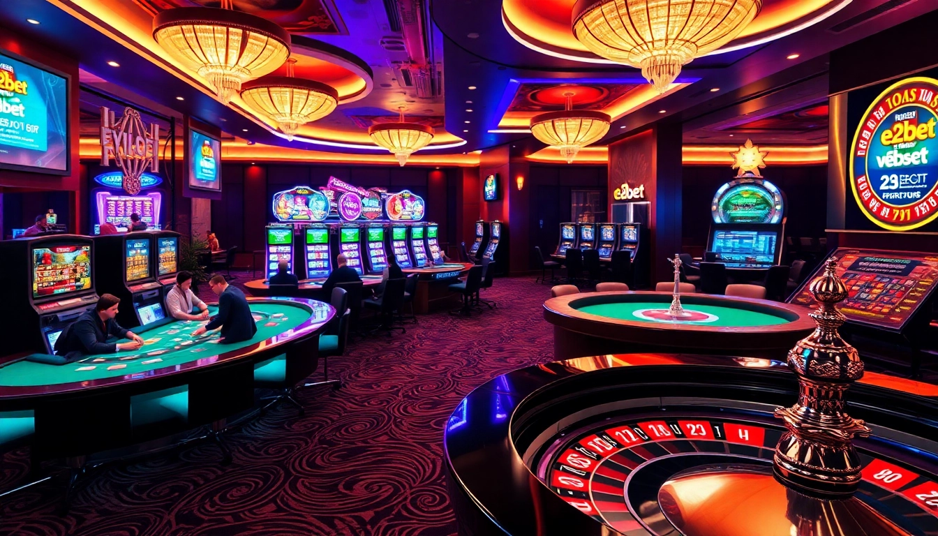 Exciting online betting experience at e2bet with engaged players at poker tables and vibrant slot machines.
