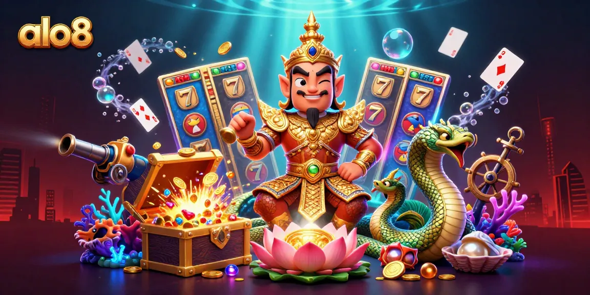 Bet on exciting slot jackpots with alo8's vibrant 3D casino illustration featuring Thai guardians and treasure.