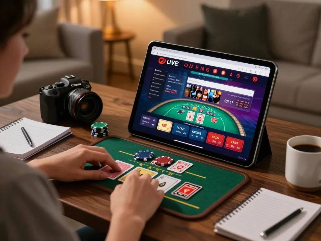 Good88 player enjoying live dealer games on a tablet in a cozy home setting, showcasing strategic gaming.