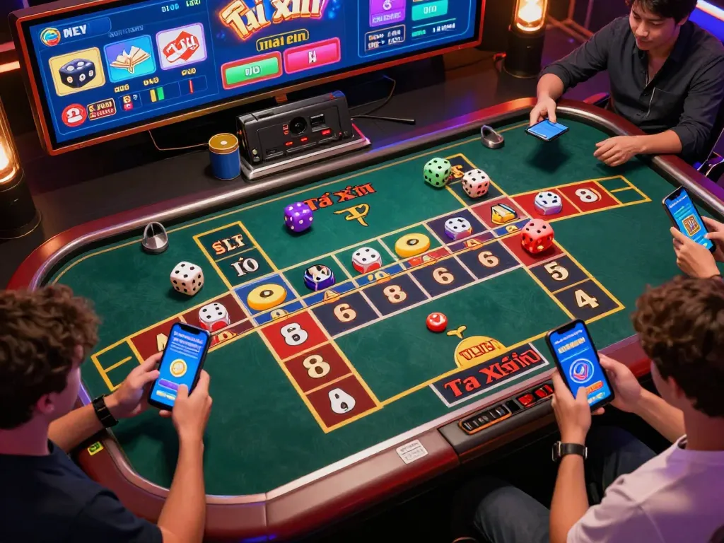 Engaging players participating in game tài xỉu online with lively dice rolling on their mobile devices.