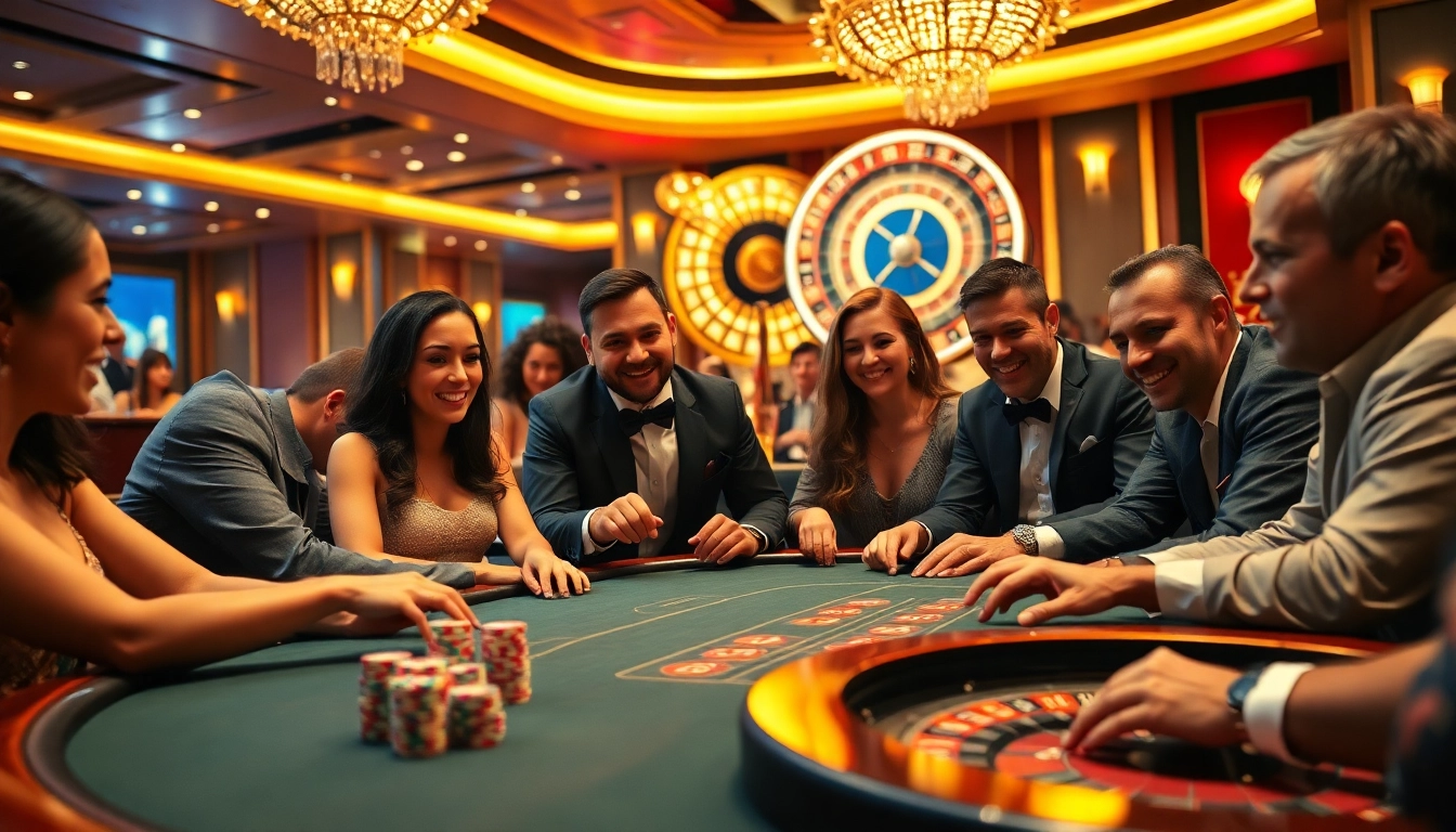 Players experiencing thrilling action at KJC, surrounded by luxury casino tables and vibrant poker chips.