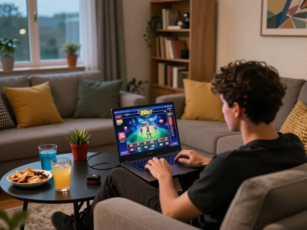 Player enjoying online slots on 89bet in a cozy home setup with gaming essentials.