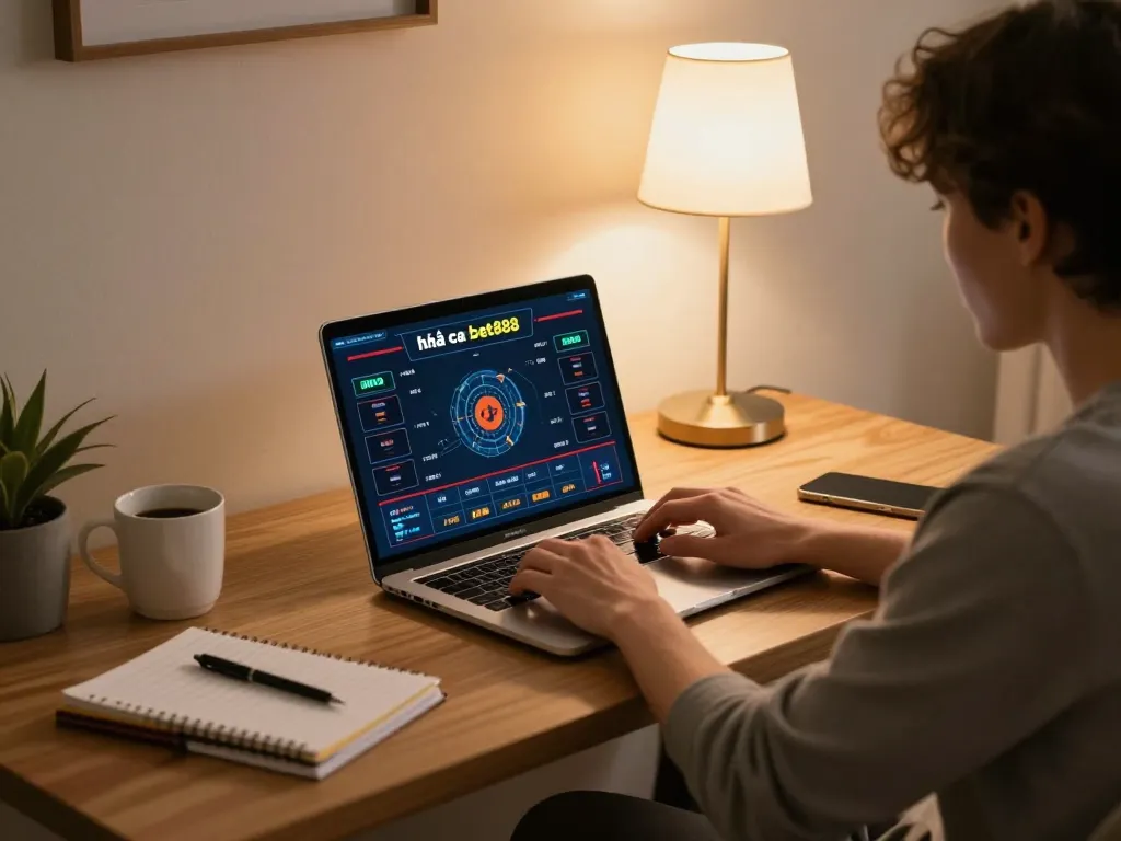 Engaged player using nhà cái bet88 for online casino gaming at home, showcasing strategic betting