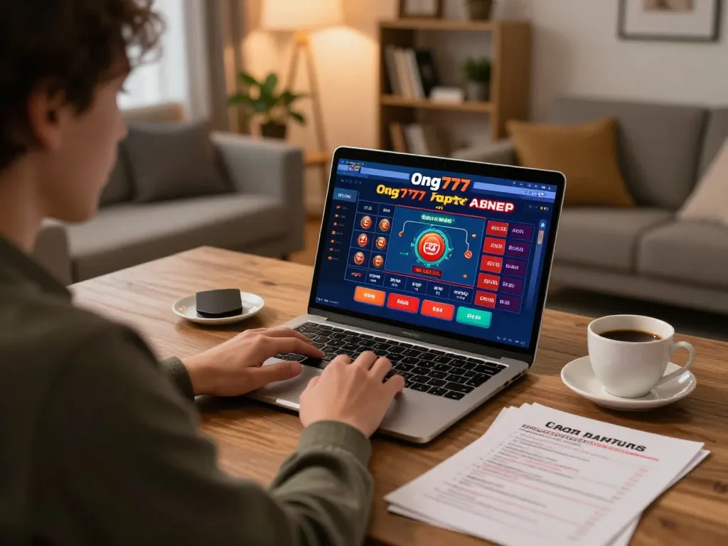Ong777 casino online gameplay showing player focused on laptop with betting strategies.