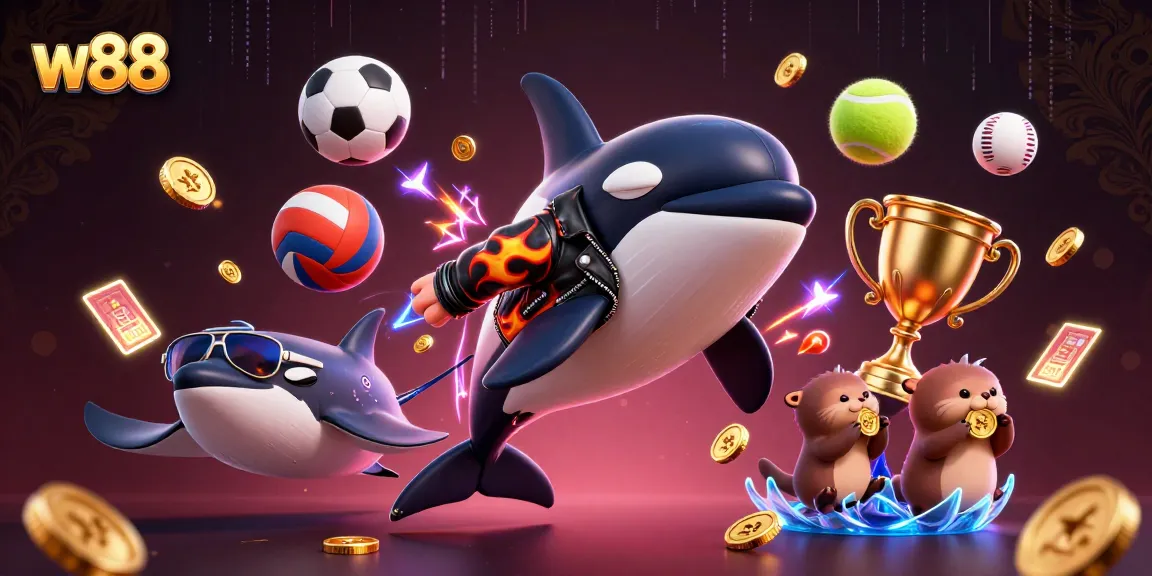 Experience thrilling w88 gameplay with a dynamic illustration of casino fun, featuring sea animals and gold coins.