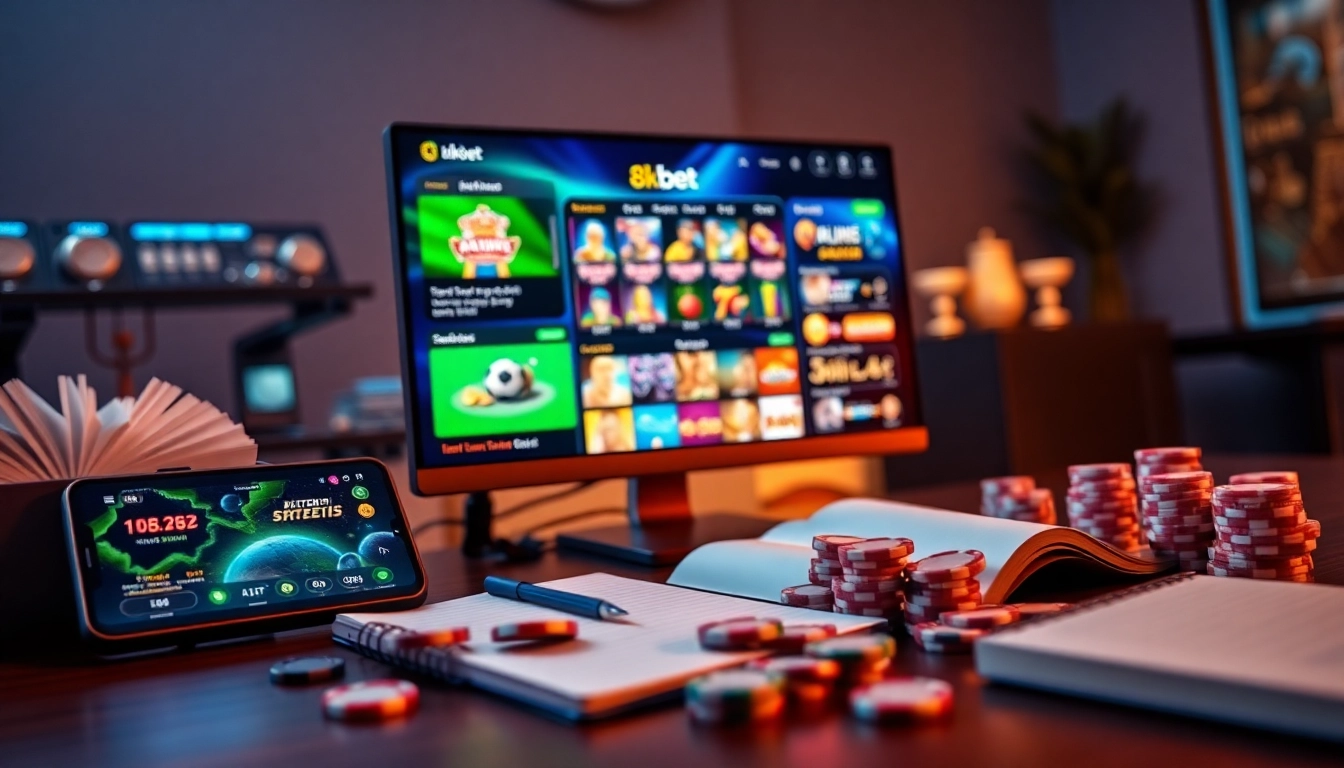 8kbet online gambling setup with vibrant graphics, modern devices, and gaming chips.