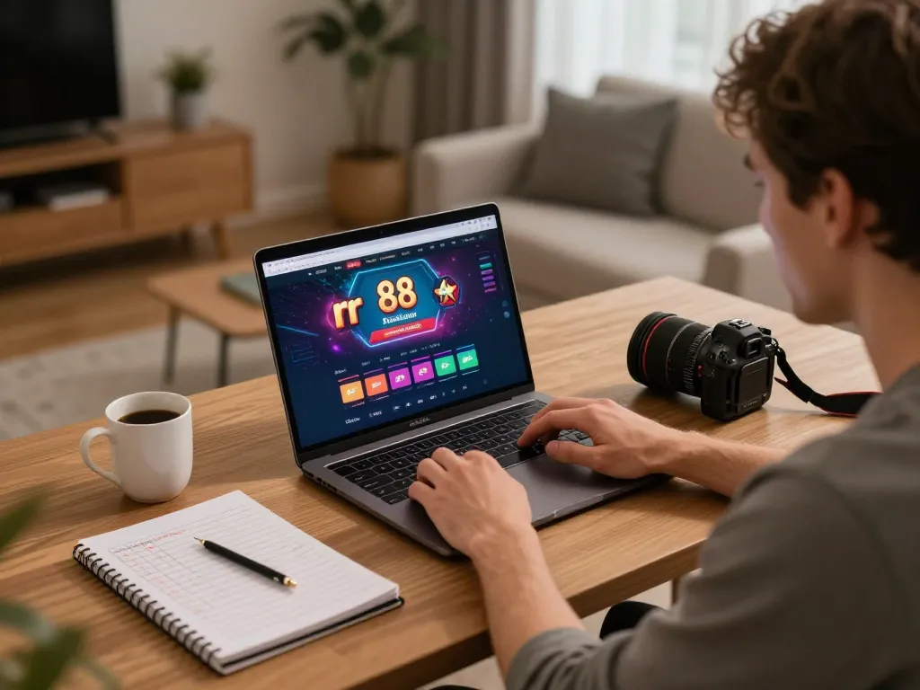 Player engaging in gameplay on rr 88 while reviewing betting strategies in a cozy home setup.