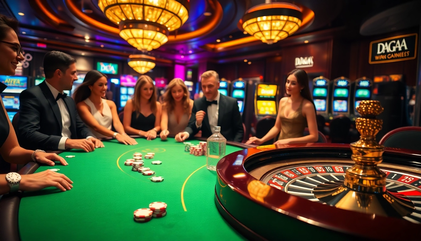 Players enjoying a thrilling game at DAGA's vibrant casino table with poker chips and a roulette wheel.