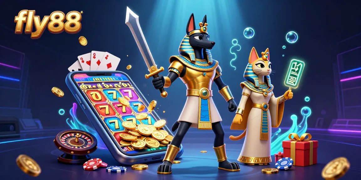 Experience excitement at fly88 with a vibrant 3D casino scene featuring Anubis and Bastet amidst engaging game elements.