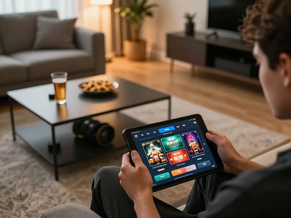 Engaging in online gambling with RIKVIP app on tablet in cozy living room