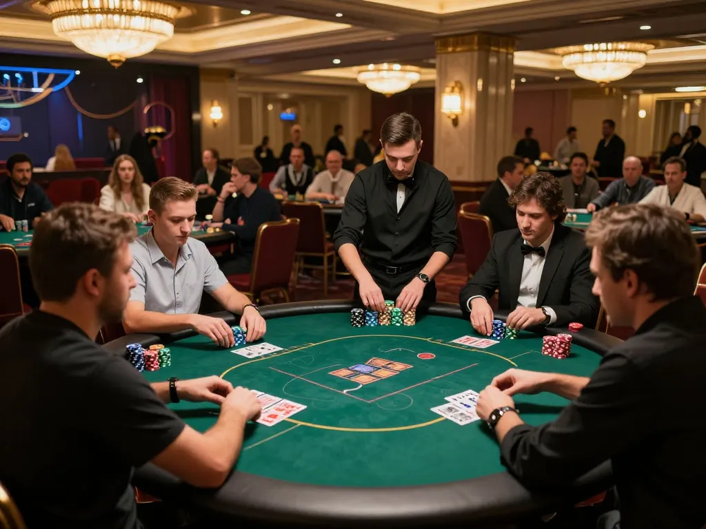Experience thrilling hands at Ga288 poker tables with players engaged and chips stacked high.