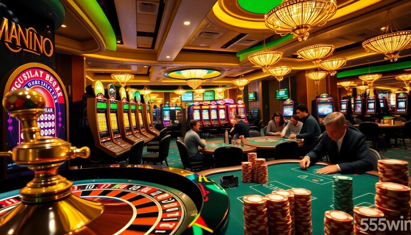 Experience the excitement of 555win with vibrant casino elements like roulette, slots, and poker tables.