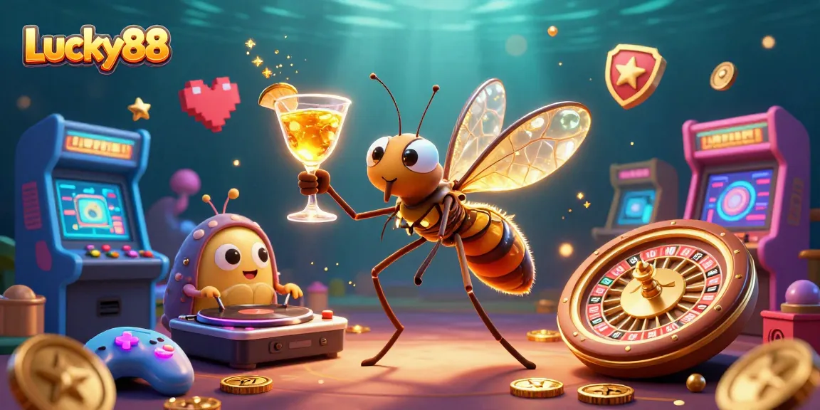 Engage with Lucky88, where a frozen mosquito mascot hosts an exciting casino scene with vibrant game elements.
