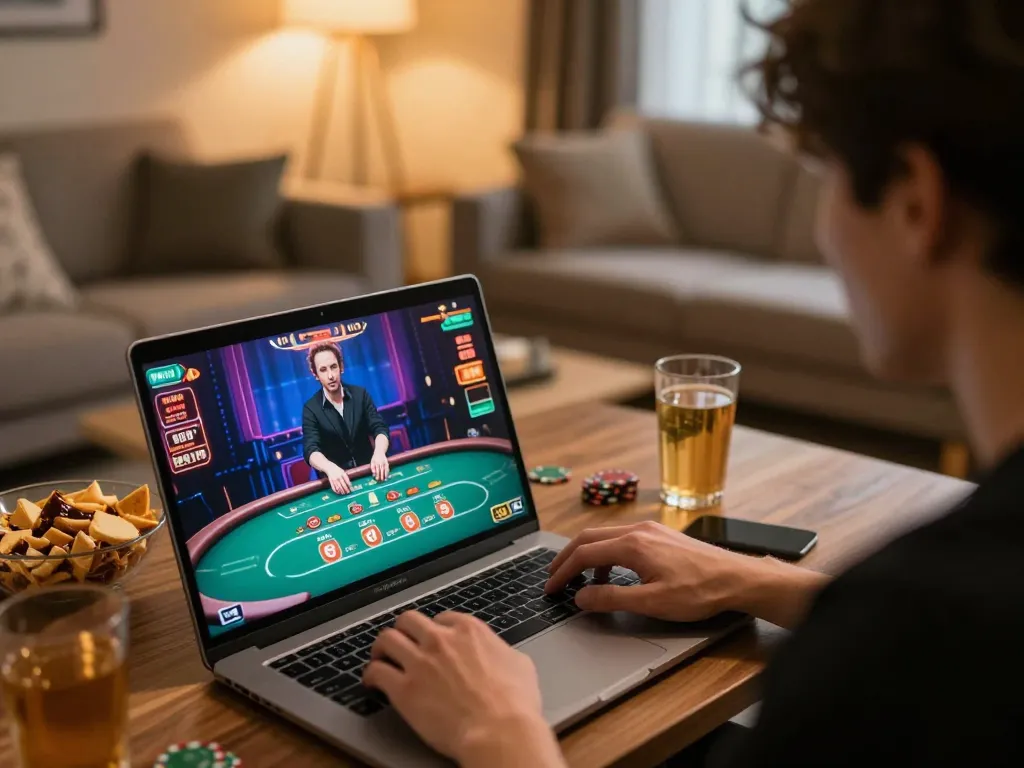 TR88 player engaged in an online poker game on a laptop in a cozy home setting