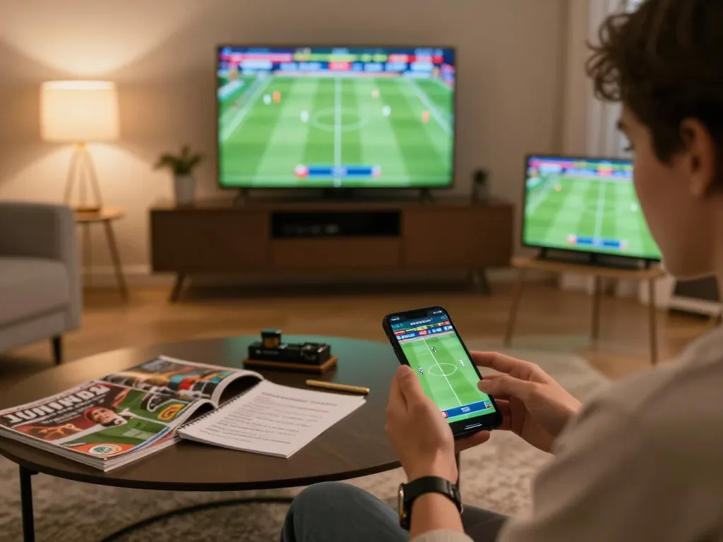 Bongdallu user engaged in sports betting, viewing live updates on smartphone and television in a cozy living room.