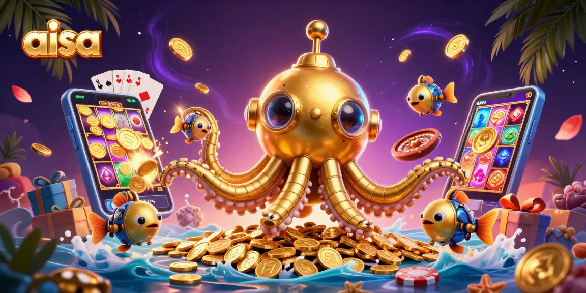 Aisa-themed casino illustration featuring a kraken submarine and gambling elements like slot games and poker chips.